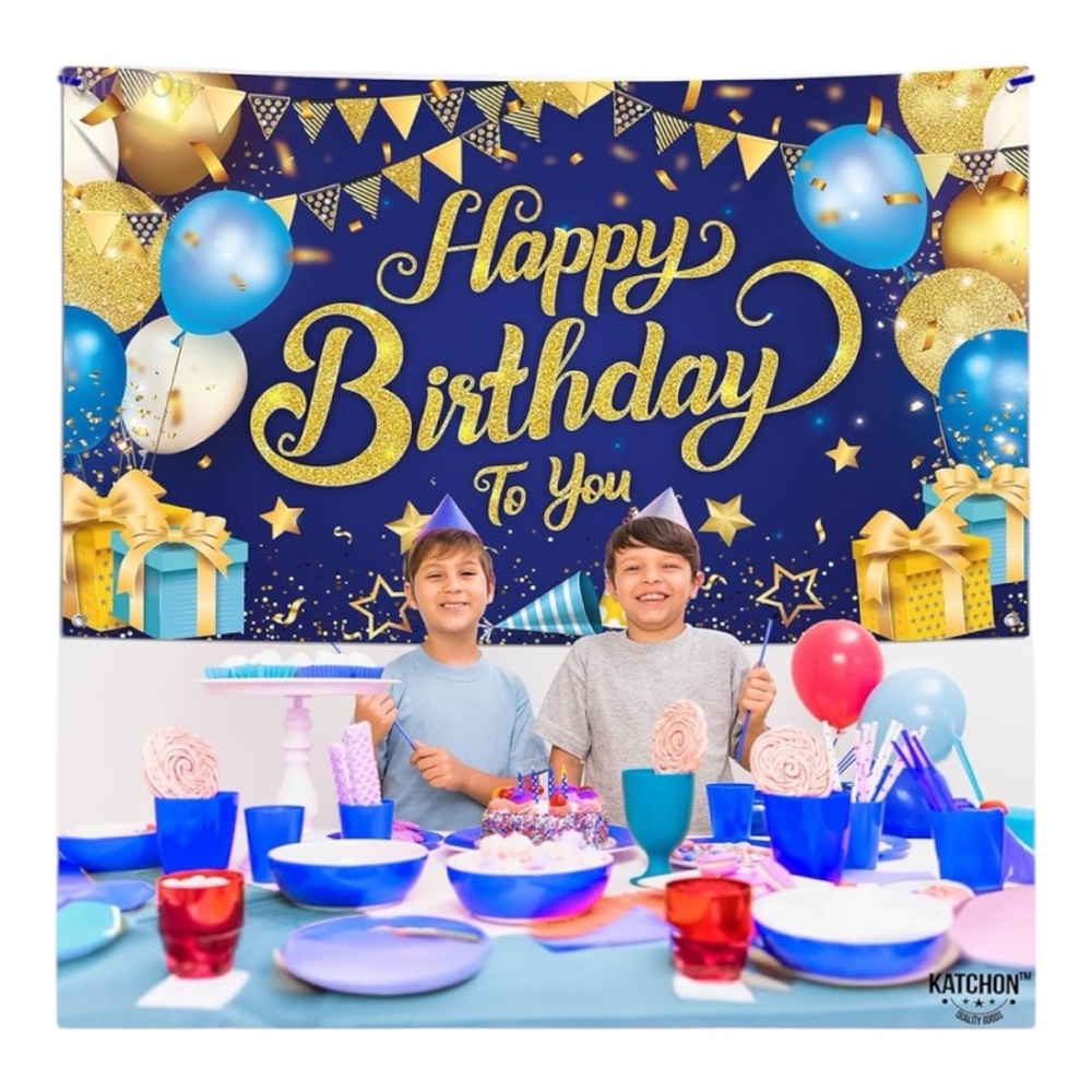KatchOn, Blue and Gold Happy Birthday Backdrop - XtraLarge, 72x44 Inch